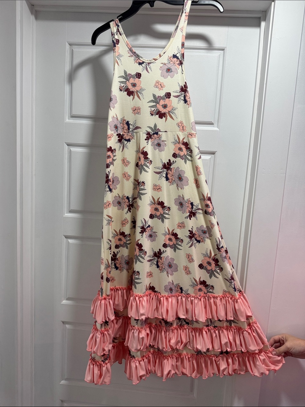 Girls' Cream Floral Maxi Dress with Pink Ruffle Tiers